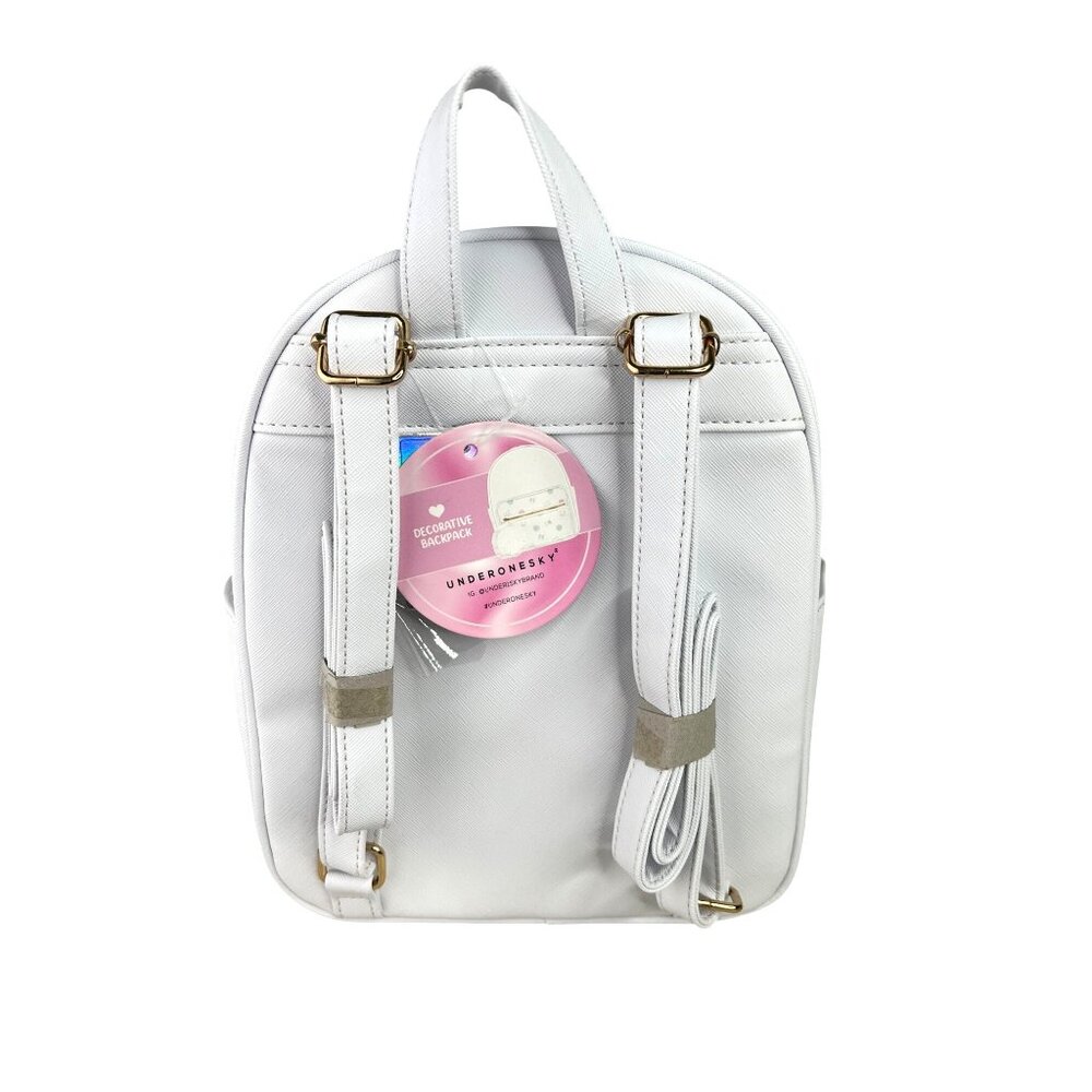 Under One Sky Decorative White Backpack Cute Cat & Flower Print Pom Pom Accent - Picture 2 of 11